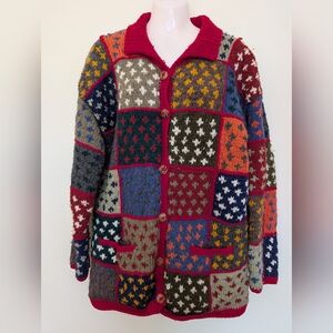Las Americas Wool Patchwork Knit Cardigan Sweater Jacket Medium Large